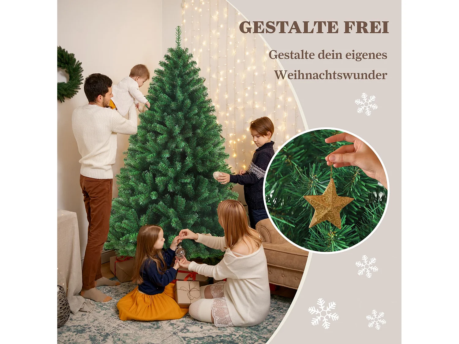 Künstlicher Weihnachtsbaum tannenbaum 180 cm mit 900 Zweigen – Dichte PVC-Nadeln, Stabiler Metallfuß & Inklusive Lichterkette
