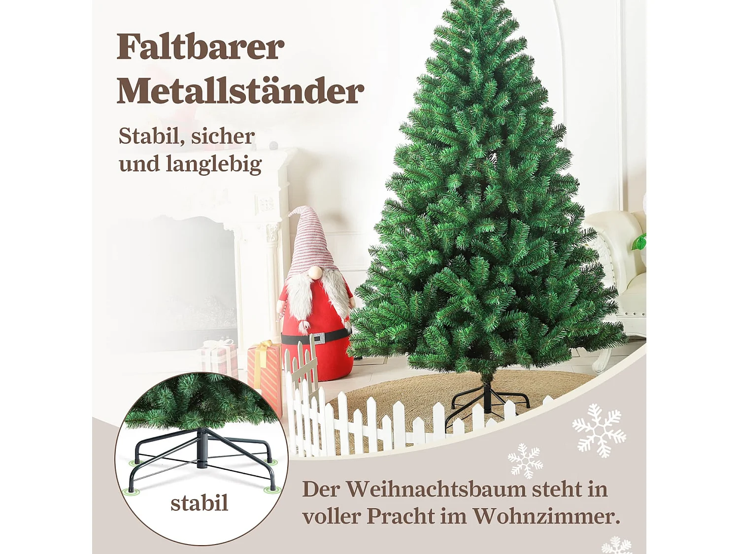 Künstlicher Weihnachtsbaum tannenbaum 180 cm mit 900 Zweigen – Dichte PVC-Nadeln, Stabiler Metallfuß & Inklusive Lichterkette
