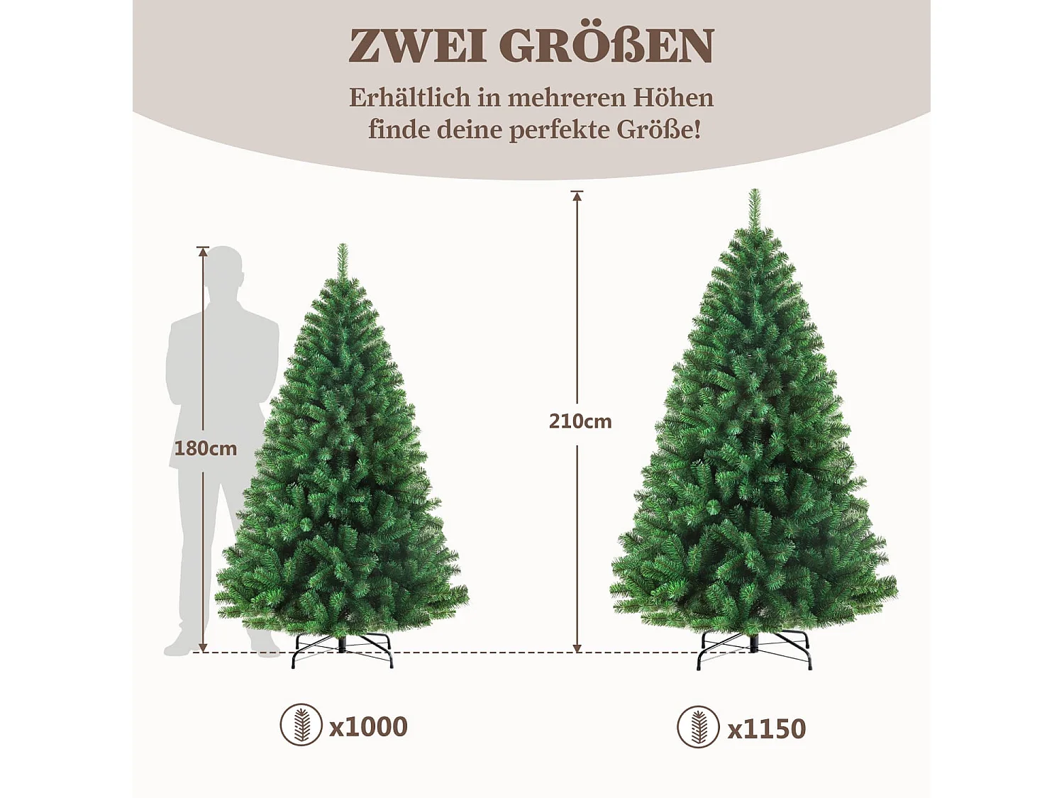 Künstlicher Weihnachtsbaum tannenbaum 180 cm mit 900 Zweigen – Dichte PVC-Nadeln, Stabiler Metallfuß & Inklusive Lichterkette