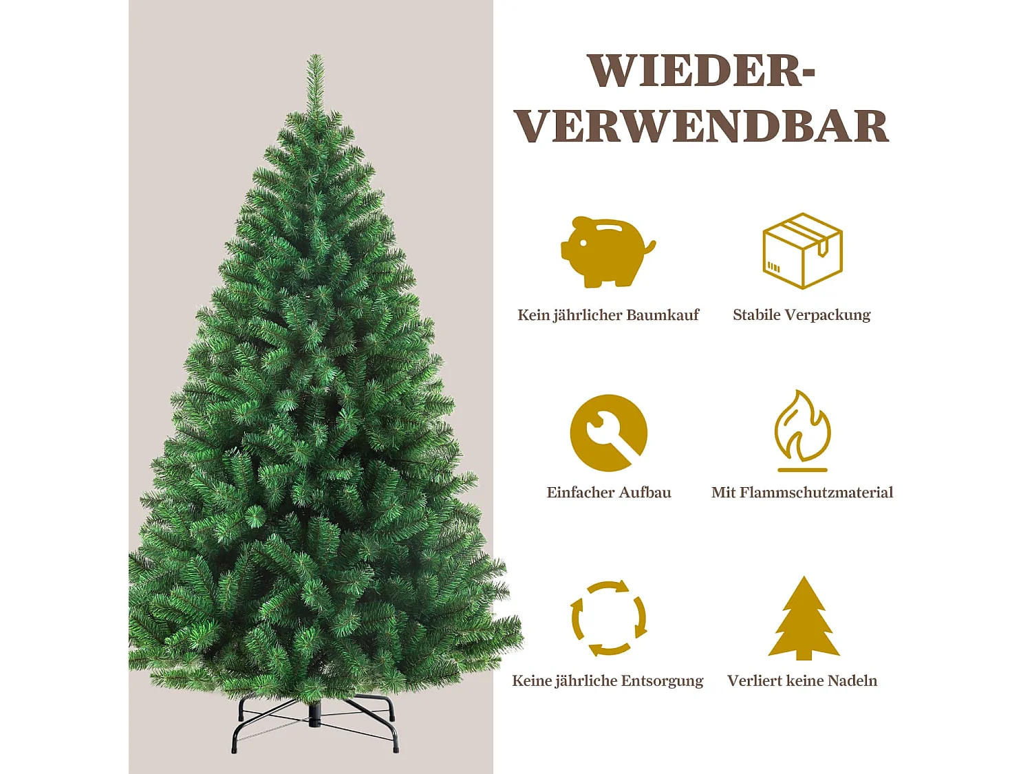 Künstlicher Weihnachtsbaum tannenbaum 180 cm mit 900 Zweigen – Dichte PVC-Nadeln, Stabiler Metallfuß & Inklusive Lichterkette