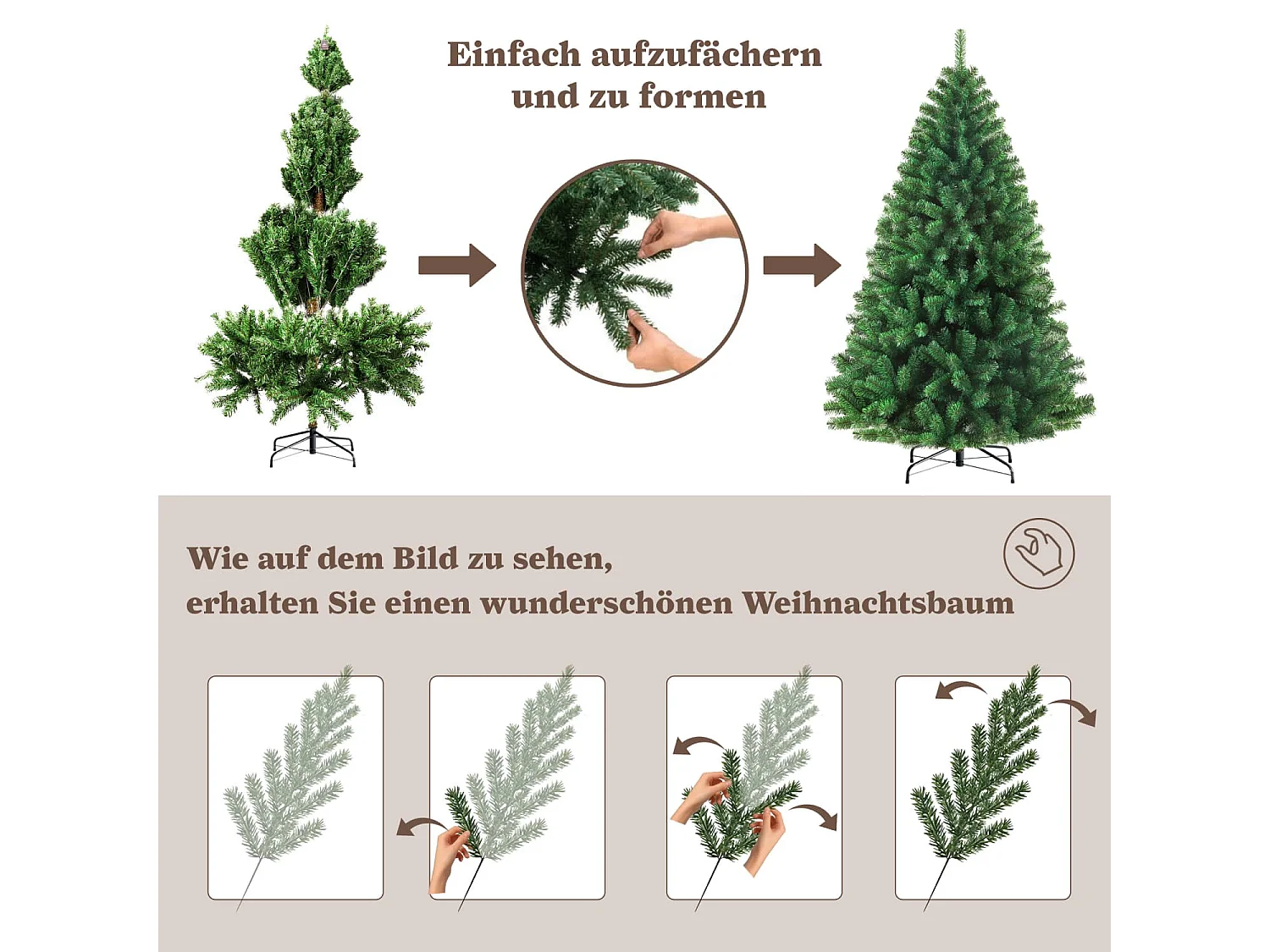 Künstlicher Weihnachtsbaum tannenbaum 180 cm mit 900 Zweigen – Dichte PVC-Nadeln, Stabiler Metallfuß & Inklusive Lichterkette