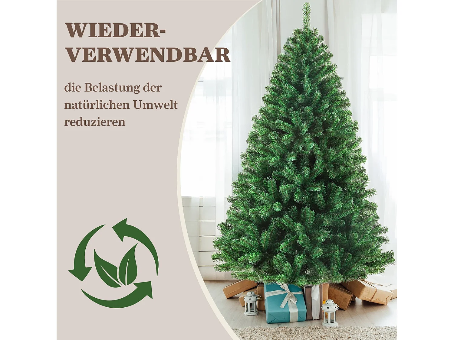 Künstlicher Weihnachtsbaum tannenbaum 180 cm mit 900 Zweigen – Dichte PVC-Nadeln, Stabiler Metallfuß & Inklusive Lichterkette