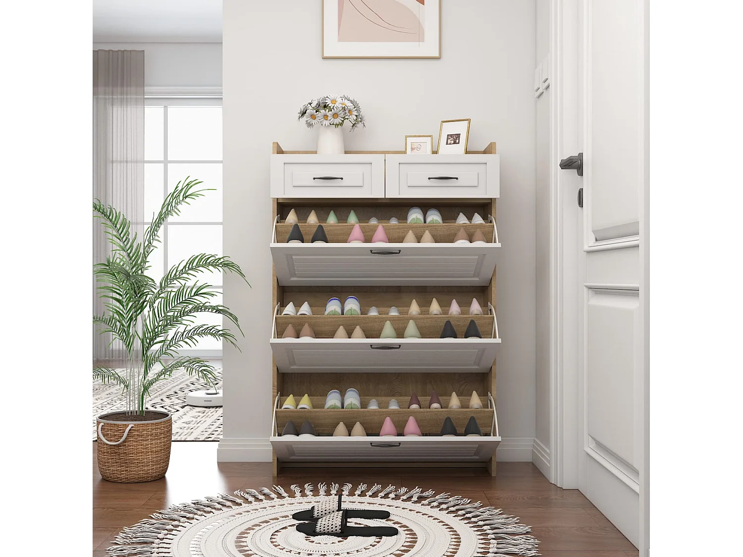 Schuhkommode mit drehbarem Schuhschrank,bestehend aus drei großen Klappen und zwei Schubladen,Holzschuhschrank,Schuhregal,Geeignet für Eingangsbereich