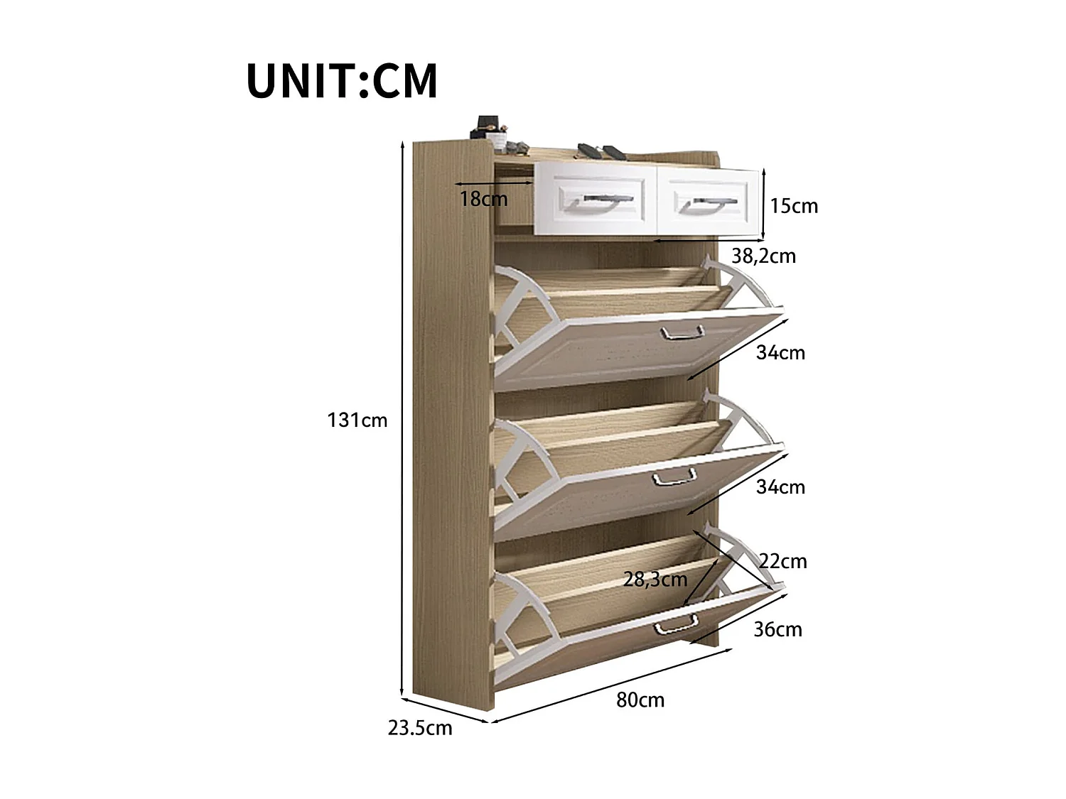 Schuhkommode mit drehbarem Schuhschrank,bestehend aus drei großen Klappen und zwei Schubladen,Holzschuhschrank,Schuhregal,Geeignet für Eingangsbereich