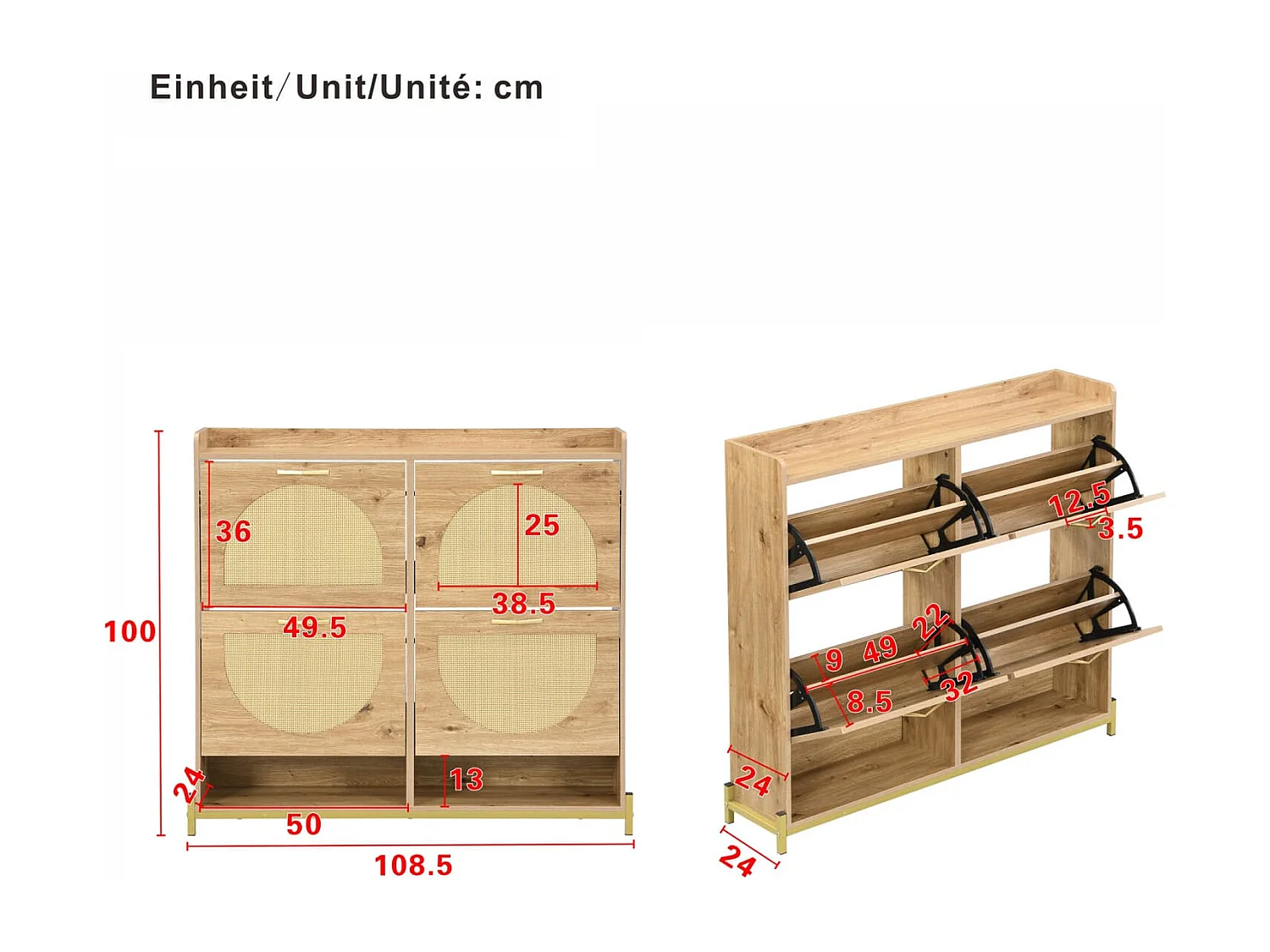 Eleganter Schuhschrank aus Holz mit Rattantüren – 4 Türen, Metallrahmen und oberes Regal für stilvolle und übersichtliche Aufbewahrung.