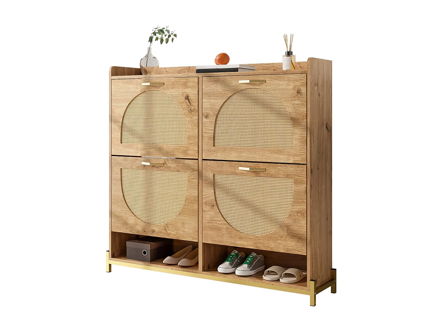 Eleganter Schuhschrank aus Holz mit Rattantüren – 4 Türen, Metallrahmen und oberes Regal für stilvolle und übersichtliche Aufbewahrung.