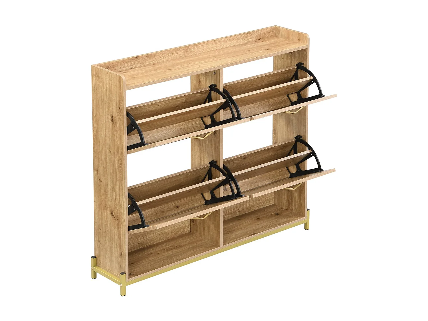 Eleganter Schuhschrank aus Holz mit Rattantüren – 4 Türen, Metallrahmen und oberes Regal für stilvolle und übersichtliche Aufbewahrung.