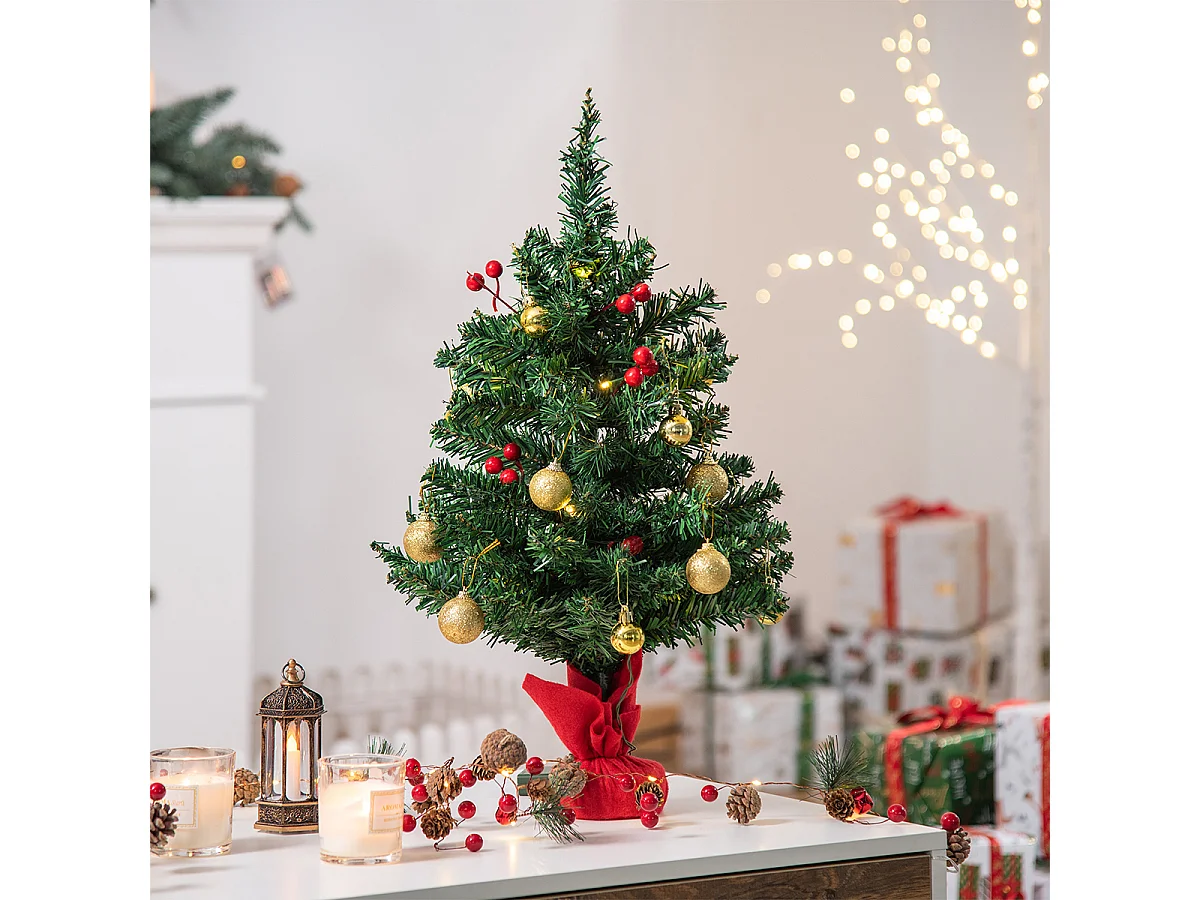 Weihnachtsbaum mit Stechpalmenbeeren  Kugeln & LED-Lichtern Mini künstlichen Weihnachten Tannenbaum für Tisch Schreibtisch ∅40 x 60 cm