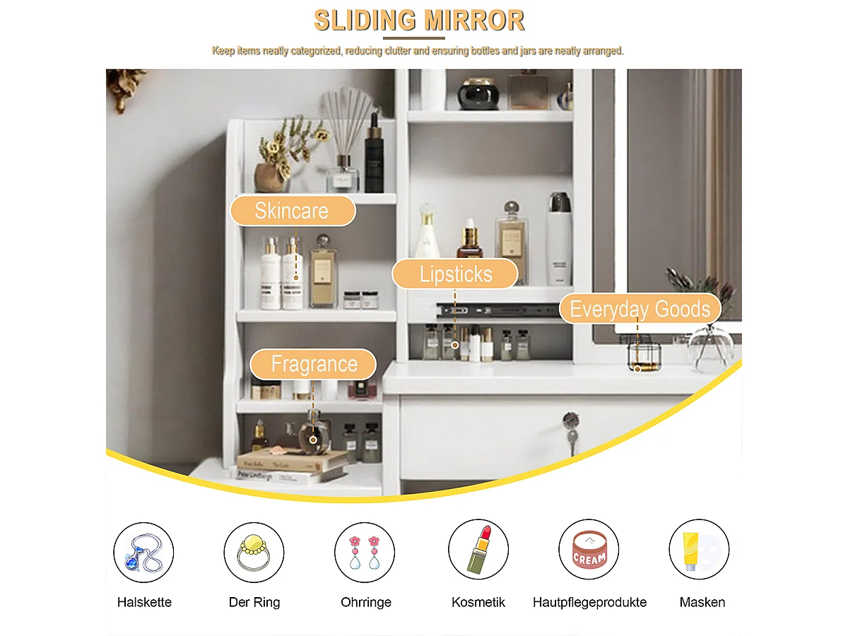 Konsolentisch mit Spiegel und Beleuchtung Inklusive Weichem Hocker Schminktisch Kosmetiktisch Set B85/H130/T36cm Weiß