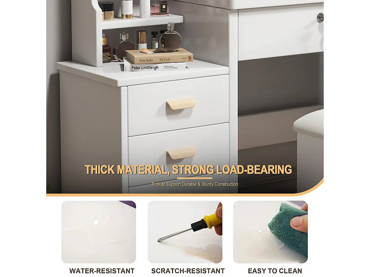 Konsolentisch mit Spiegel und Beleuchtung Inklusive Weichem Hocker Schminktisch Kosmetiktisch Set B85/H130/T36cm Weiß