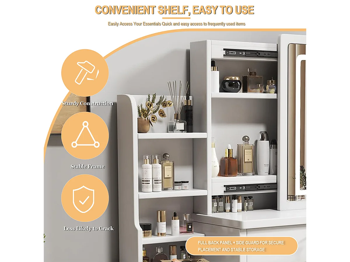 Konsolentisch mit Spiegel und Beleuchtung Inklusive Weichem Hocker Schminktisch Kosmetiktisch Set B85/H130/T36cm Weiß