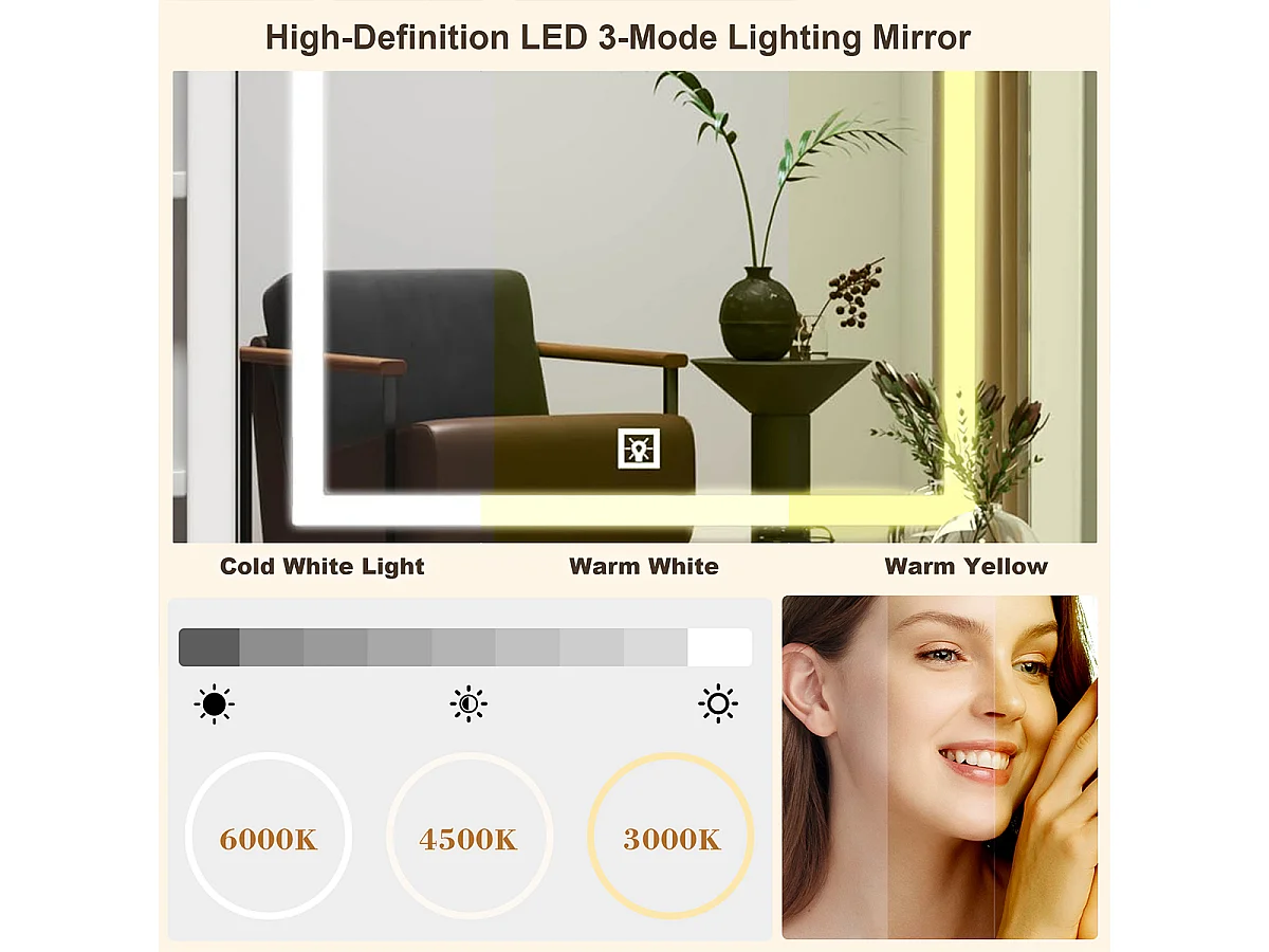 Konsolentisch mit Spiegel und Beleuchtung Inklusive Weichem Hocker Schminktisch Kosmetiktisch Set B85/H130/T36cm Weiß