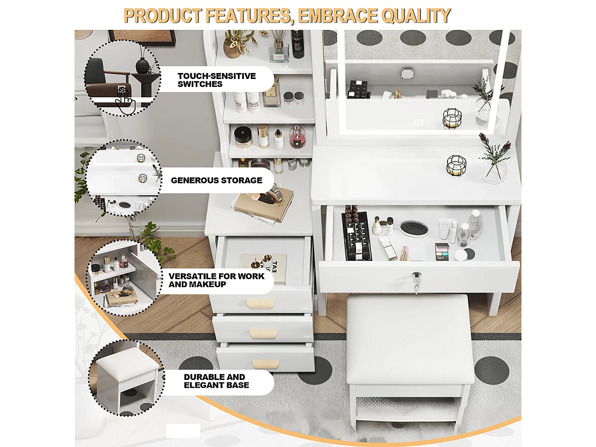Konsolentisch mit Spiegel und Beleuchtung Inklusive Weichem Hocker Schminktisch Kosmetiktisch Set B85/H130/T36cm Weiß