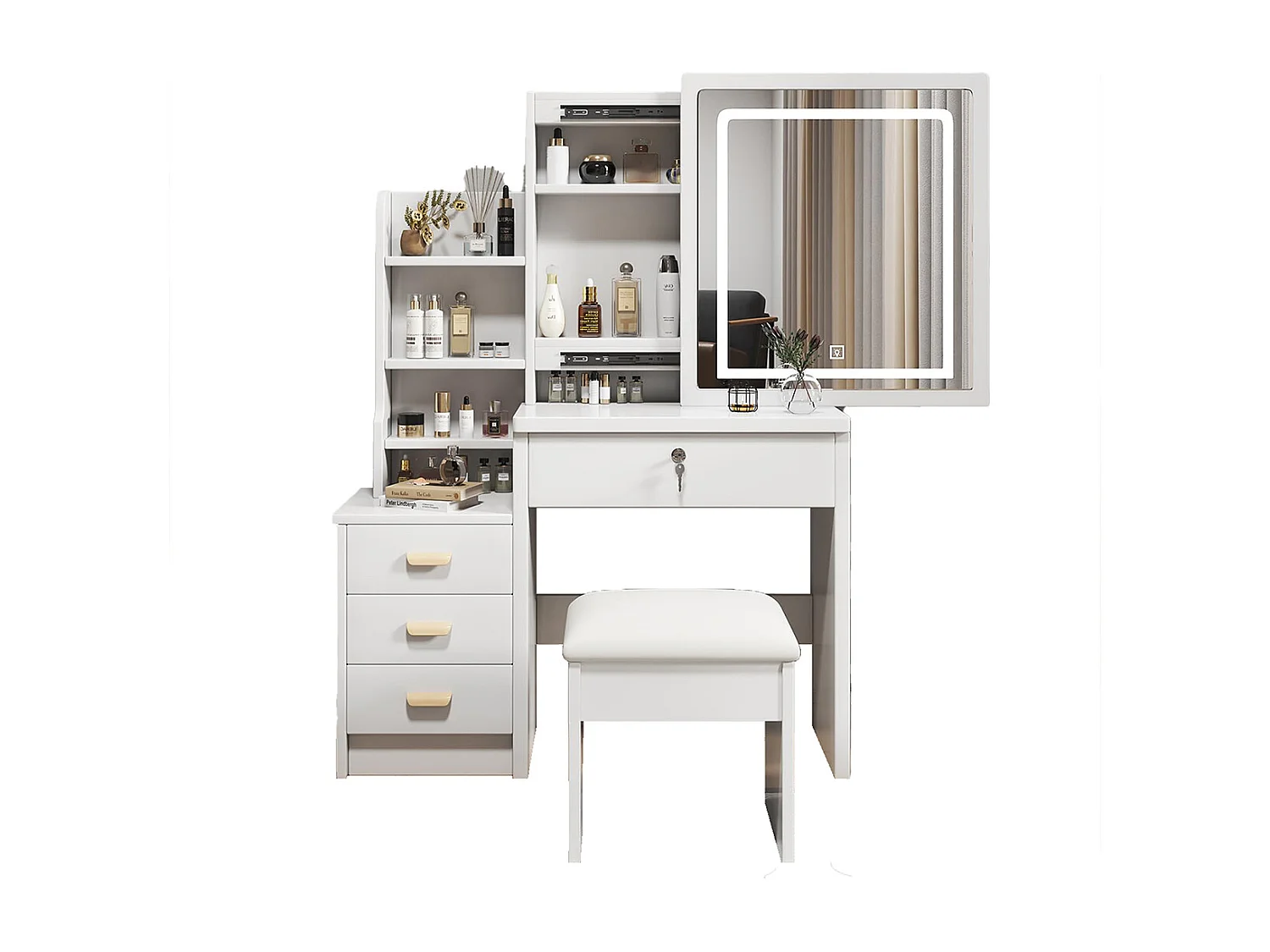 Konsolentisch mit Spiegel und Beleuchtung Inklusive Weichem Hocker Schminktisch Kosmetiktisch Set B85/H130/T36cm Weiß