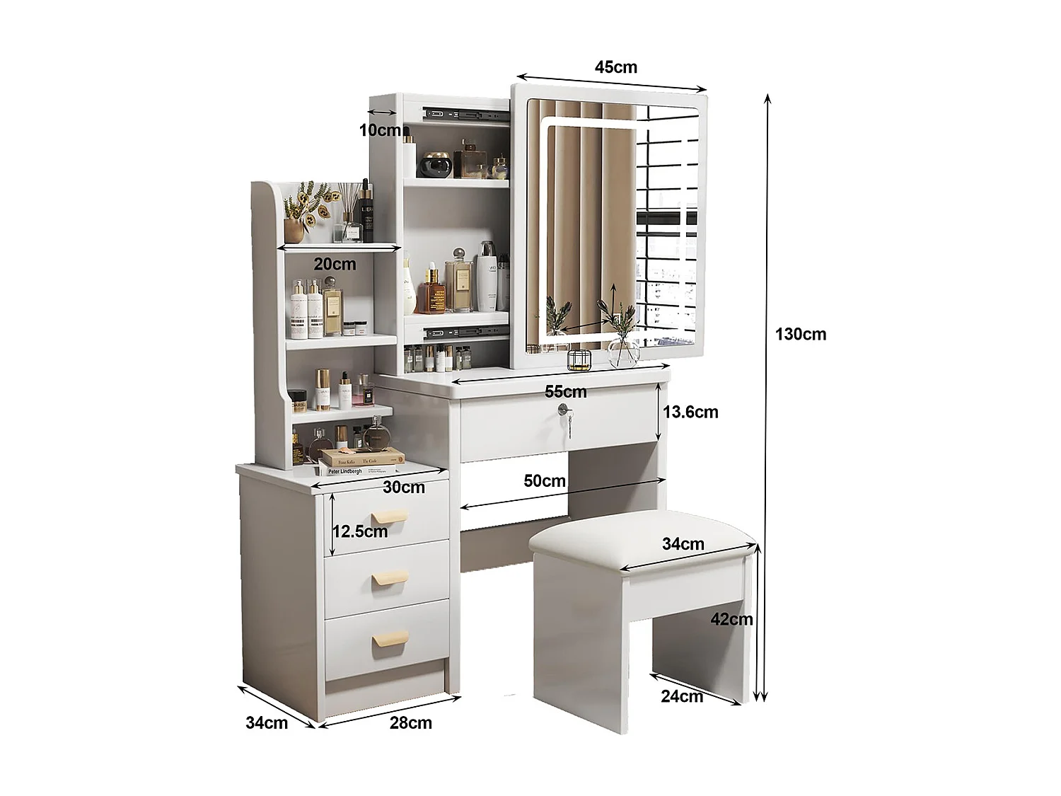 Konsolentisch mit Spiegel und Beleuchtung Inklusive Weichem Hocker Schminktisch Kosmetiktisch Set B85/H130/T36cm Weiß