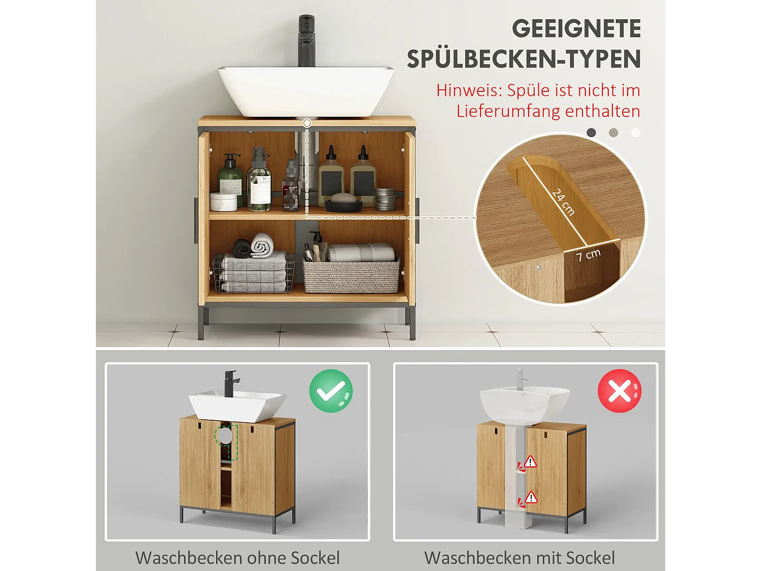 Waschbeckenunterschrank, Unterschrank mit 2 Türen, einstellbarem Regal,Badezimmerschrank für Waschbecken ohne Sockel 60x30x60 cm