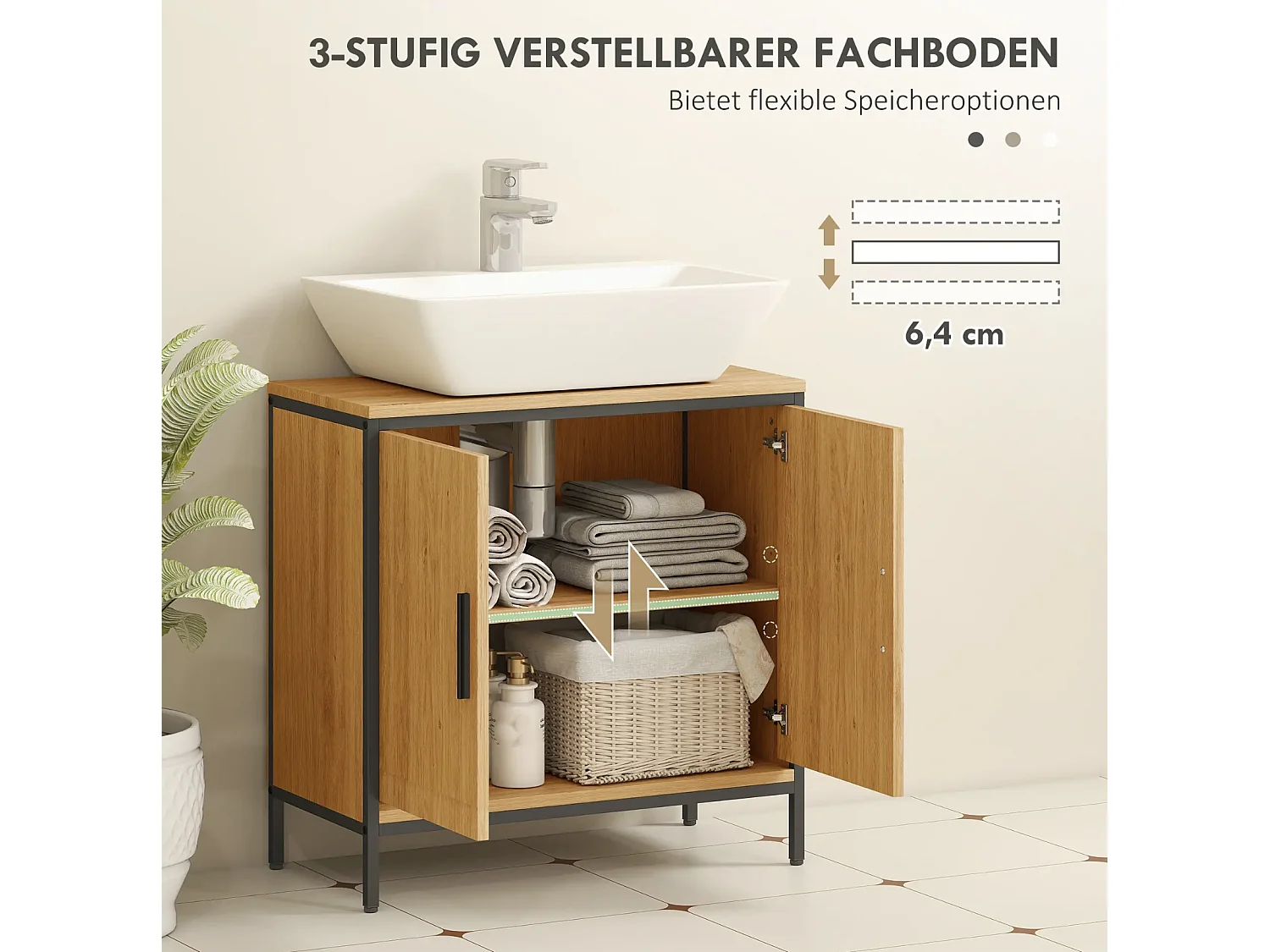 Waschbeckenunterschrank, Unterschrank mit 2 Türen, einstellbarem Regal,Badezimmerschrank für Waschbecken ohne Sockel 60x30x60 cm