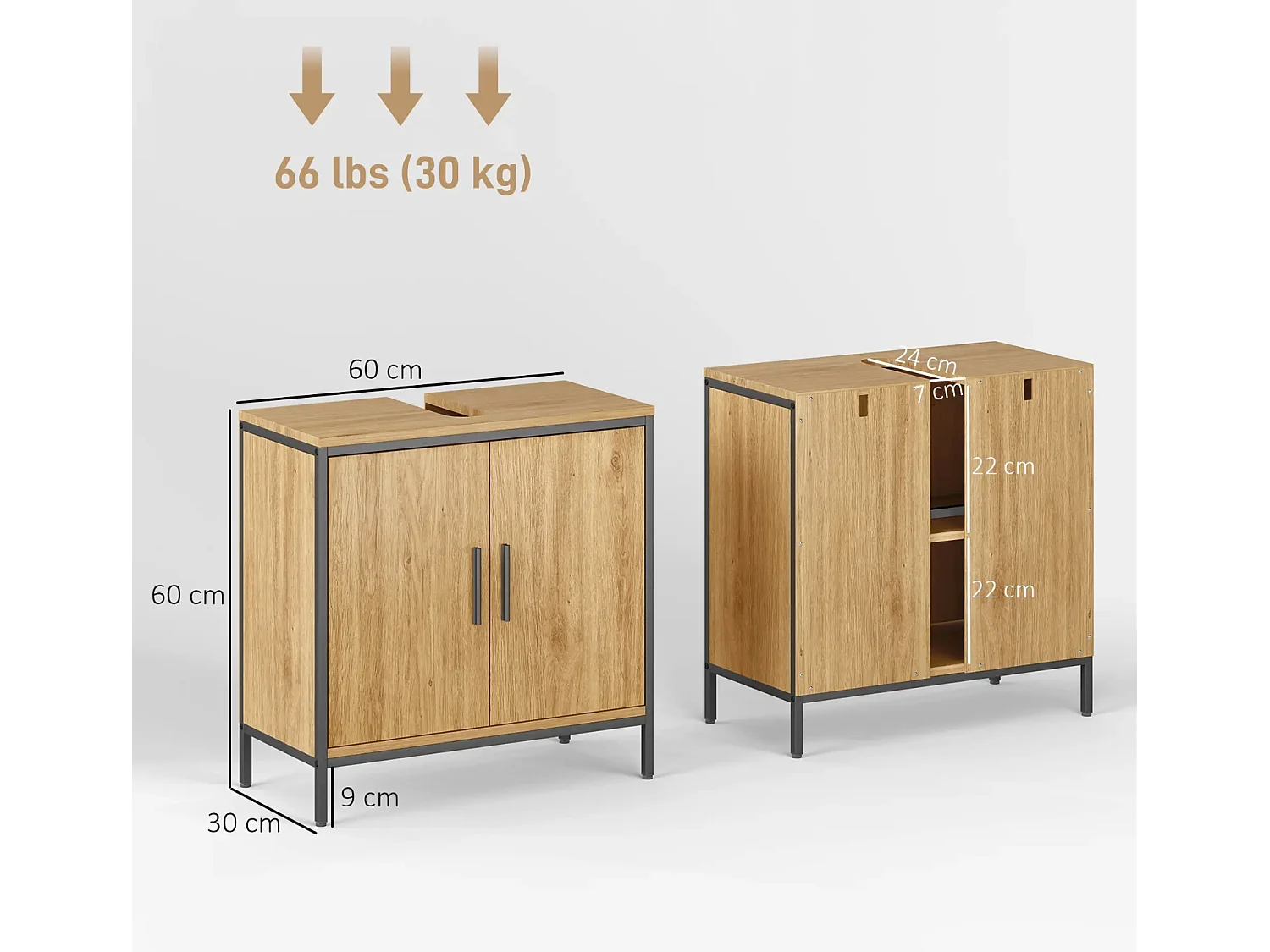 Waschbeckenunterschrank, Unterschrank mit 2 Türen, einstellbarem Regal,Badezimmerschrank für Waschbecken ohne Sockel 60x30x60 cm