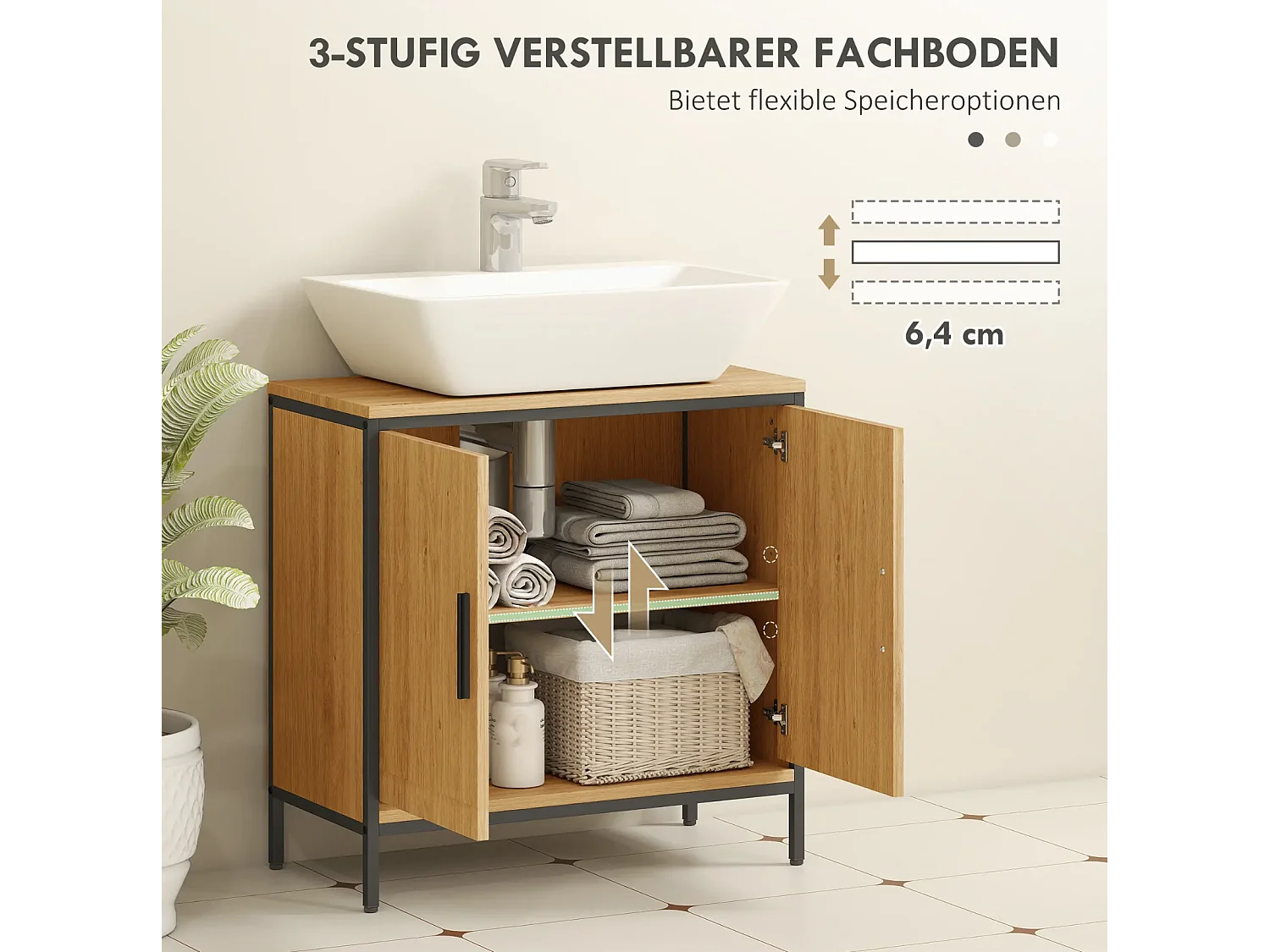 Waschbeckenunterschrank, Unterschrank mit 2 Türen, einstellbarem Regal,Badezimmerschrank für Waschbecken ohne Sockel 60x30x60 cm