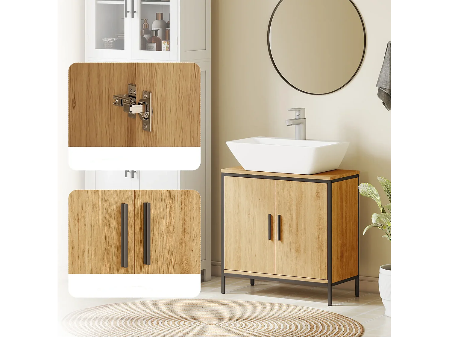 Waschbeckenunterschrank, Unterschrank mit 2 Türen, einstellbarem Regal,Badezimmerschrank für Waschbecken ohne Sockel 60x30x60 cm