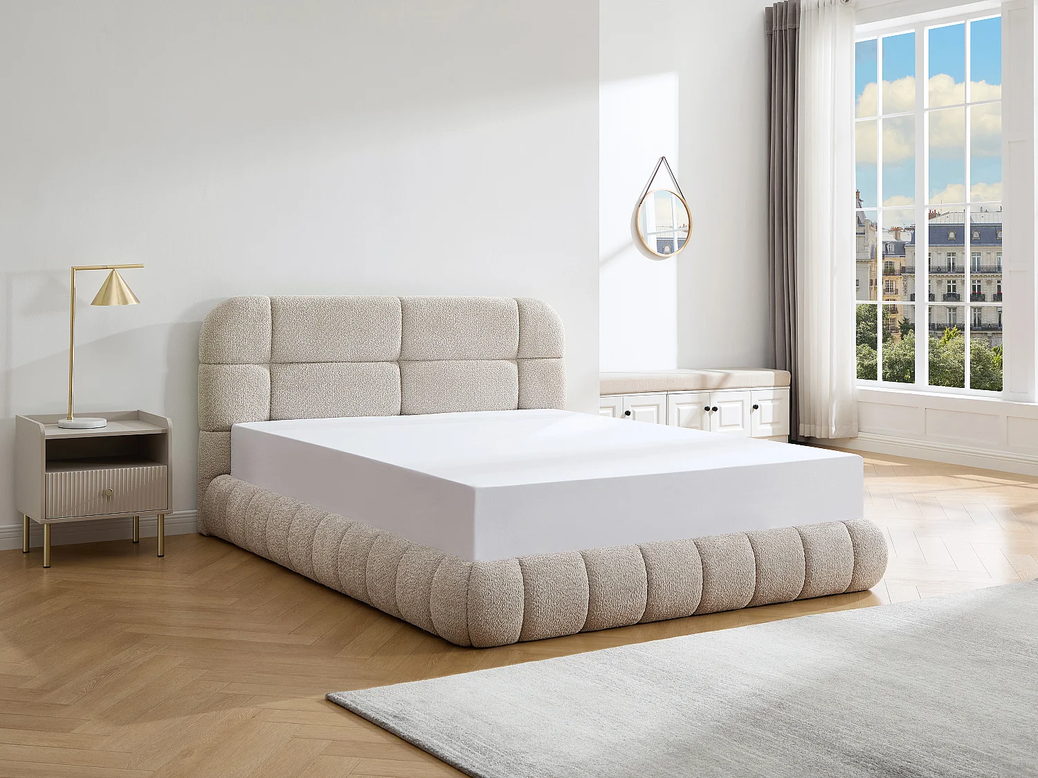 Lit coffre 140 x 190 cm - Tissu bouclette - Beige + Matelas - FORIOSY