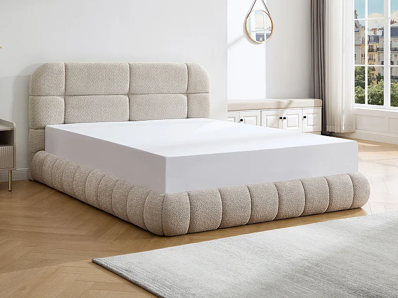 Lit coffre 140 x 190 cm - Tissu bouclette - Beige + Matelas - FORIOSY