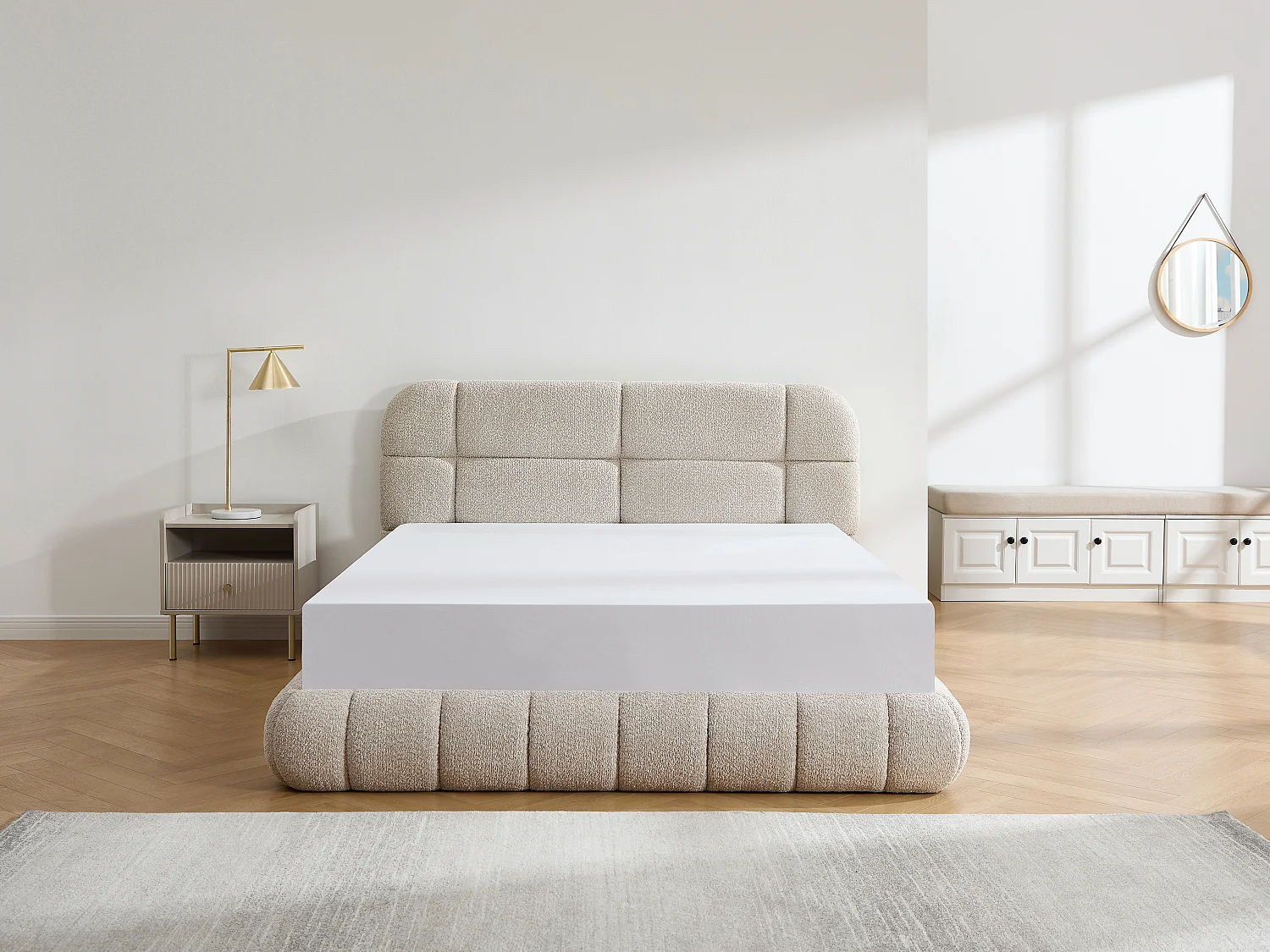Lit coffre 160 x 200 cm - Tissu bouclette - Beige + Matelas - FORIOSY