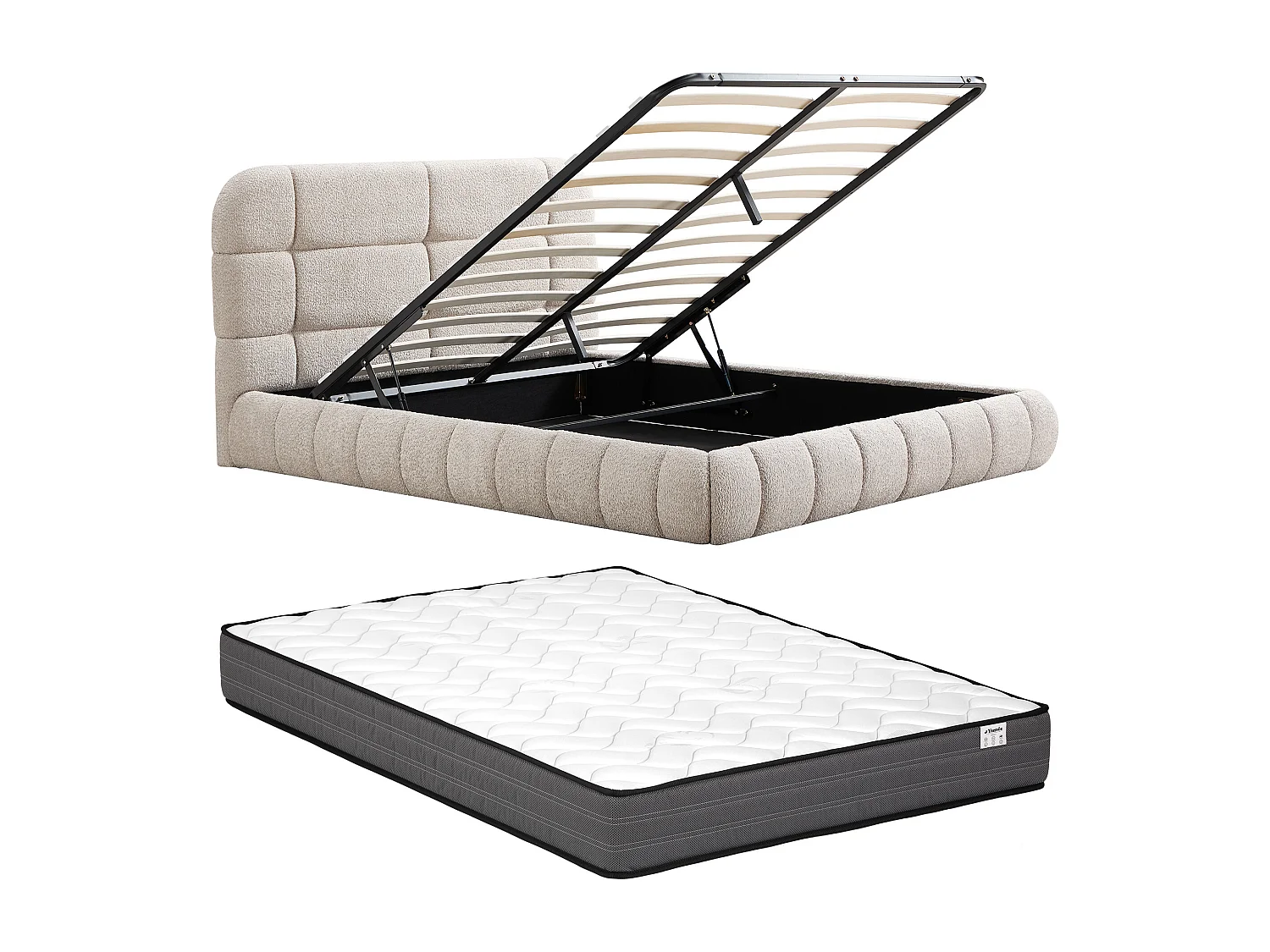 Lit coffre 160 x 200 cm - Tissu bouclette - Beige + Matelas - FORIOSY