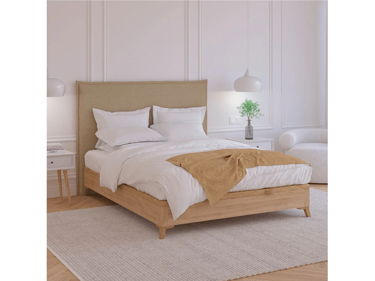 Tête de lit rembourrée en bois lisse anti-taches couleur Sable pour lit 180 cm - 190x125 cm