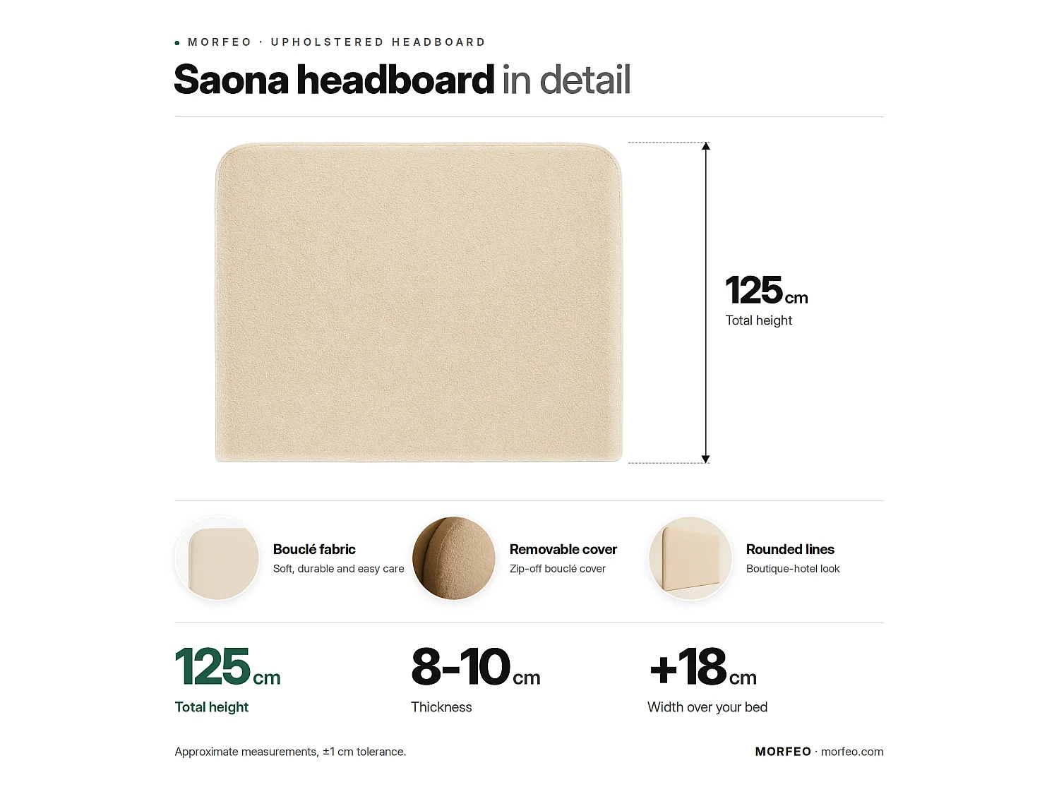 Tête de lit SAONA beige style méditerranéen tissu anti-taches pour lit de 105 cm – 115x125 cm
