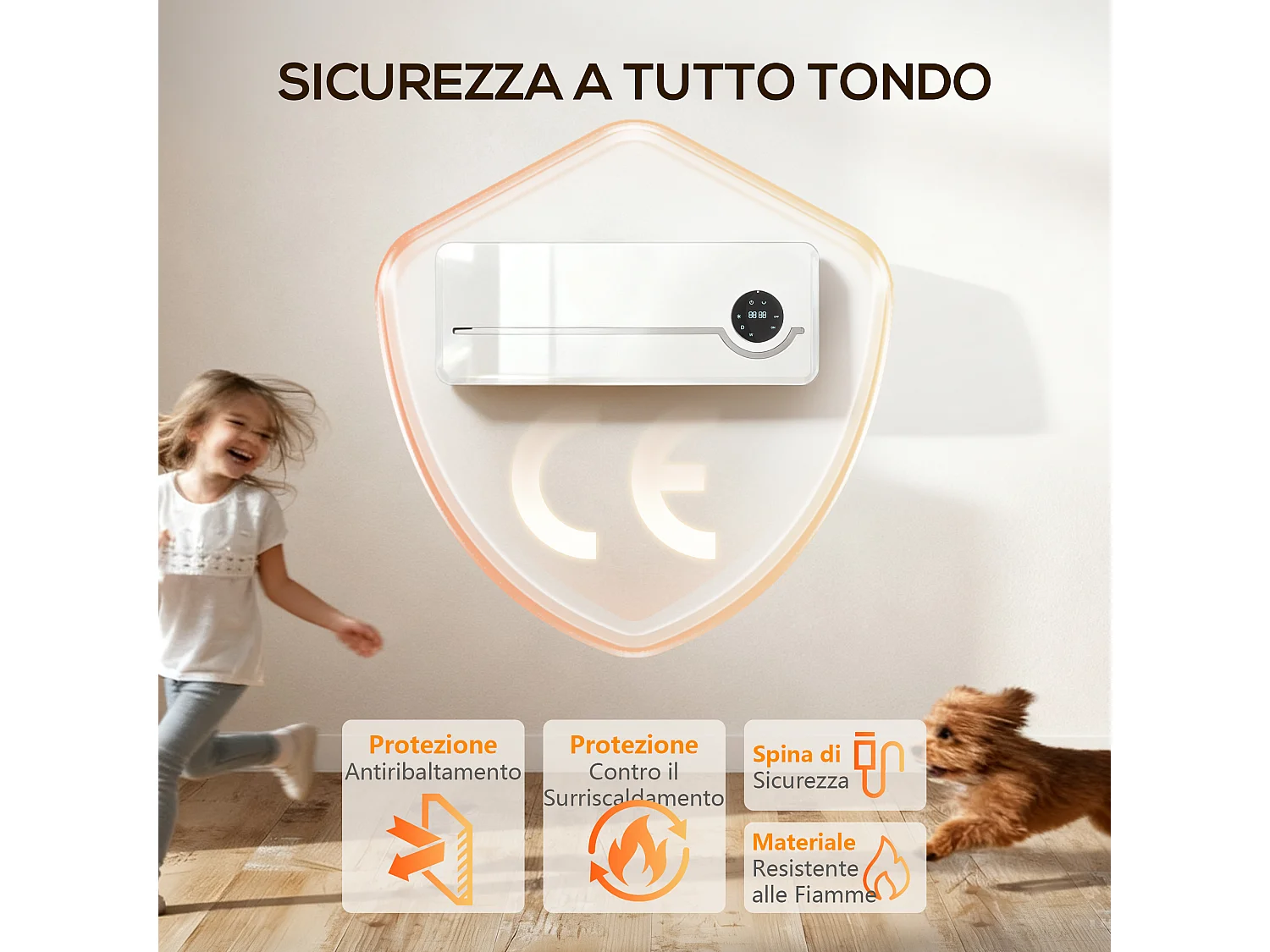 Termoventilatore a muro con 3 modalità timer telecomando blocco bimbi