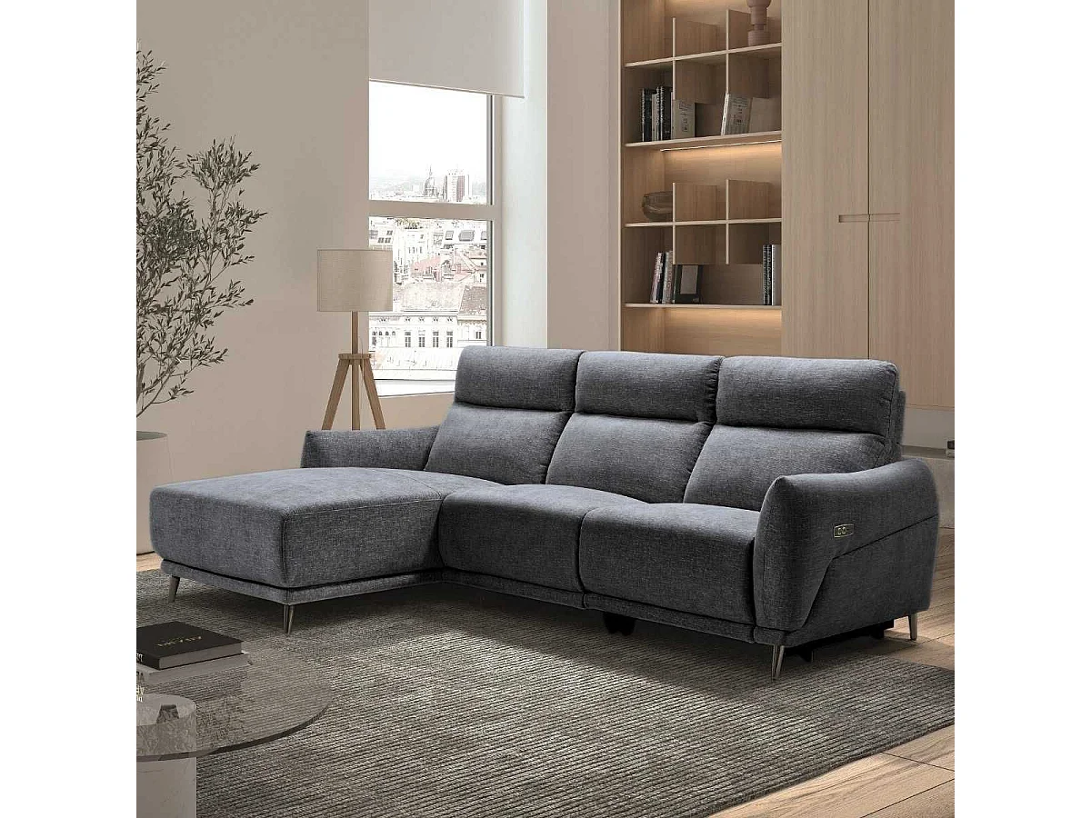 Canapé 3 places relax électrique avec méridienne gauche tissu polyester chiné bleu-gris - SANTIAGO