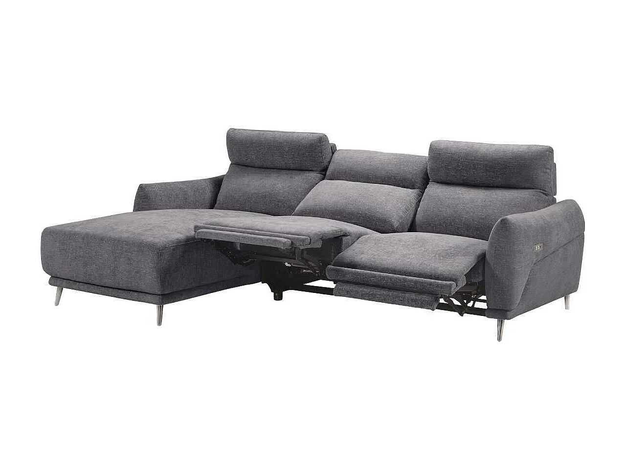 Canapé 3 places relax électrique avec méridienne gauche tissu polyester chiné bleu-gris - SANTIAGO