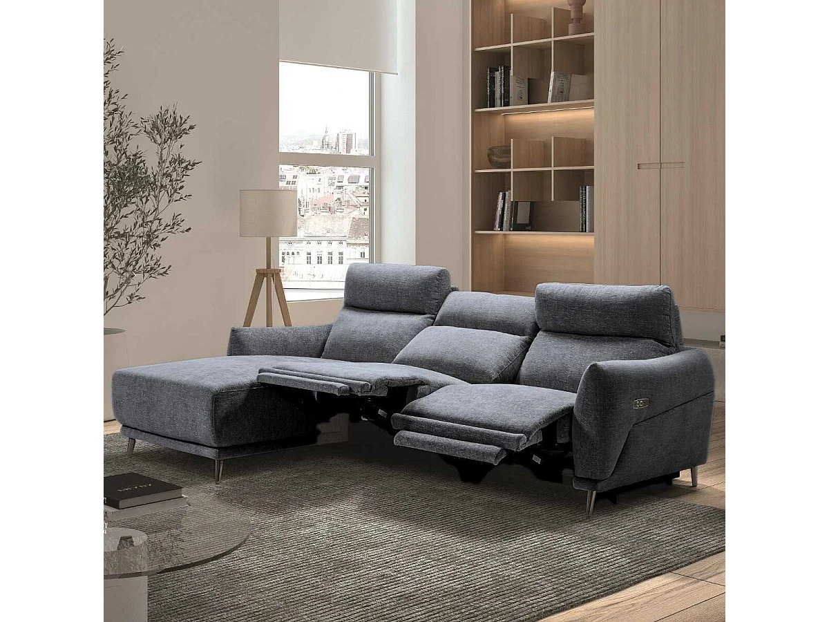 Canapé 3 places relax électrique avec méridienne gauche tissu polyester chiné bleu-gris - SANTIAGO