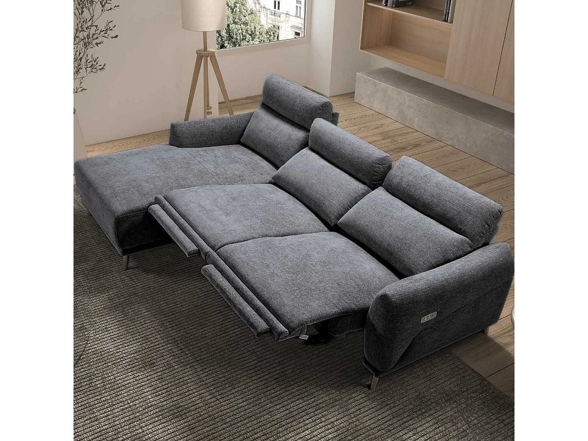 Canapé 3 places relax électrique avec méridienne gauche tissu polyester chiné bleu-gris - SANTIAGO
