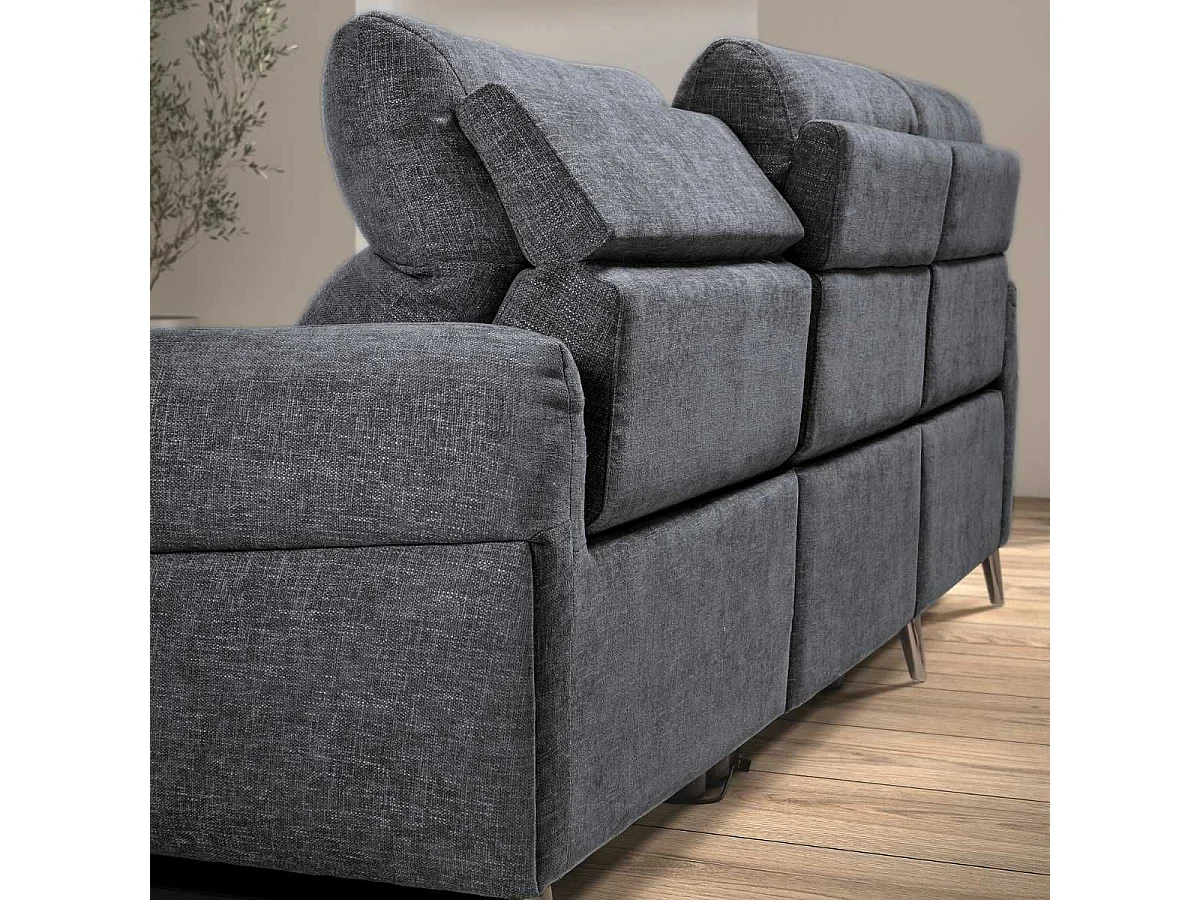 Canapé 3 places relax électrique avec méridienne gauche tissu polyester chiné bleu-gris - SANTIAGO