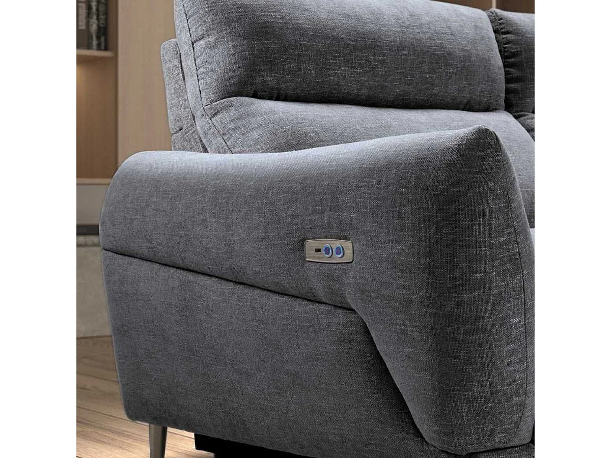 Canapé 3 places relax électrique avec méridienne gauche tissu polyester chiné bleu-gris - SANTIAGO