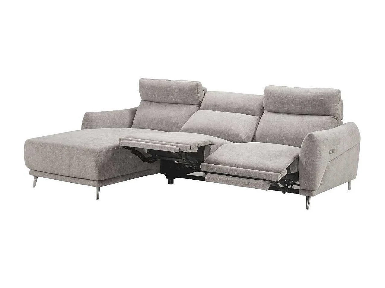 Canapé 3 places relax électrique avec méridienne gauche tissu polyester chiné gris clair - SANTIAGO
