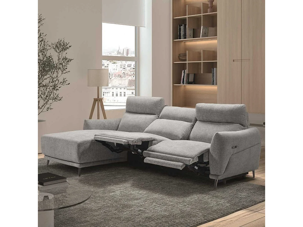 Canapé 3 places relax électrique avec méridienne gauche tissu polyester chiné gris clair - SANTIAGO