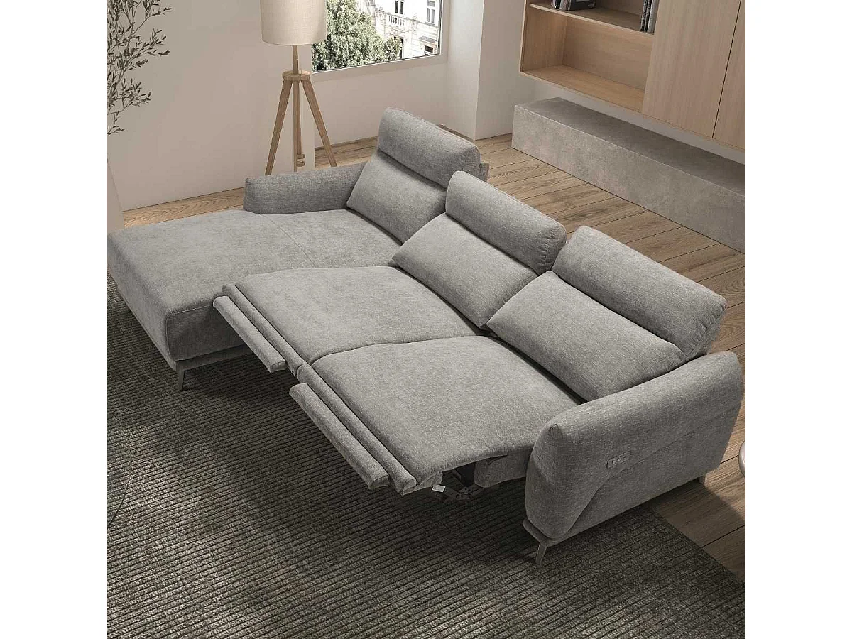 Canapé 3 places relax électrique avec méridienne gauche tissu polyester chiné gris clair - SANTIAGO