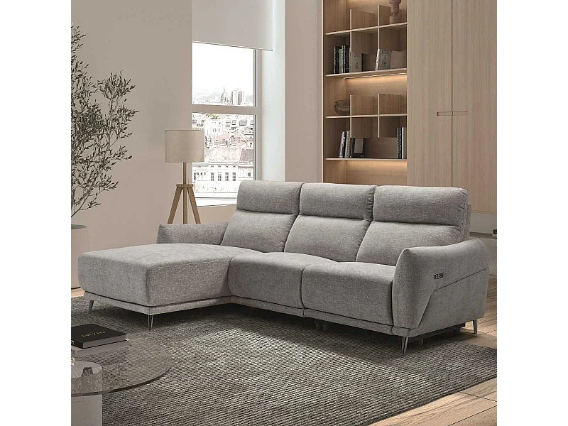 Canapé 3 places relax électrique avec méridienne gauche tissu polyester chiné gris clair - SANTIAGO
