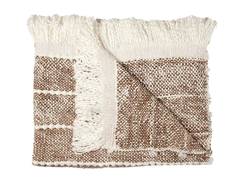 Plaid 120x150cm Maille Tressée Marron et Blanc avec Franges - MELINE