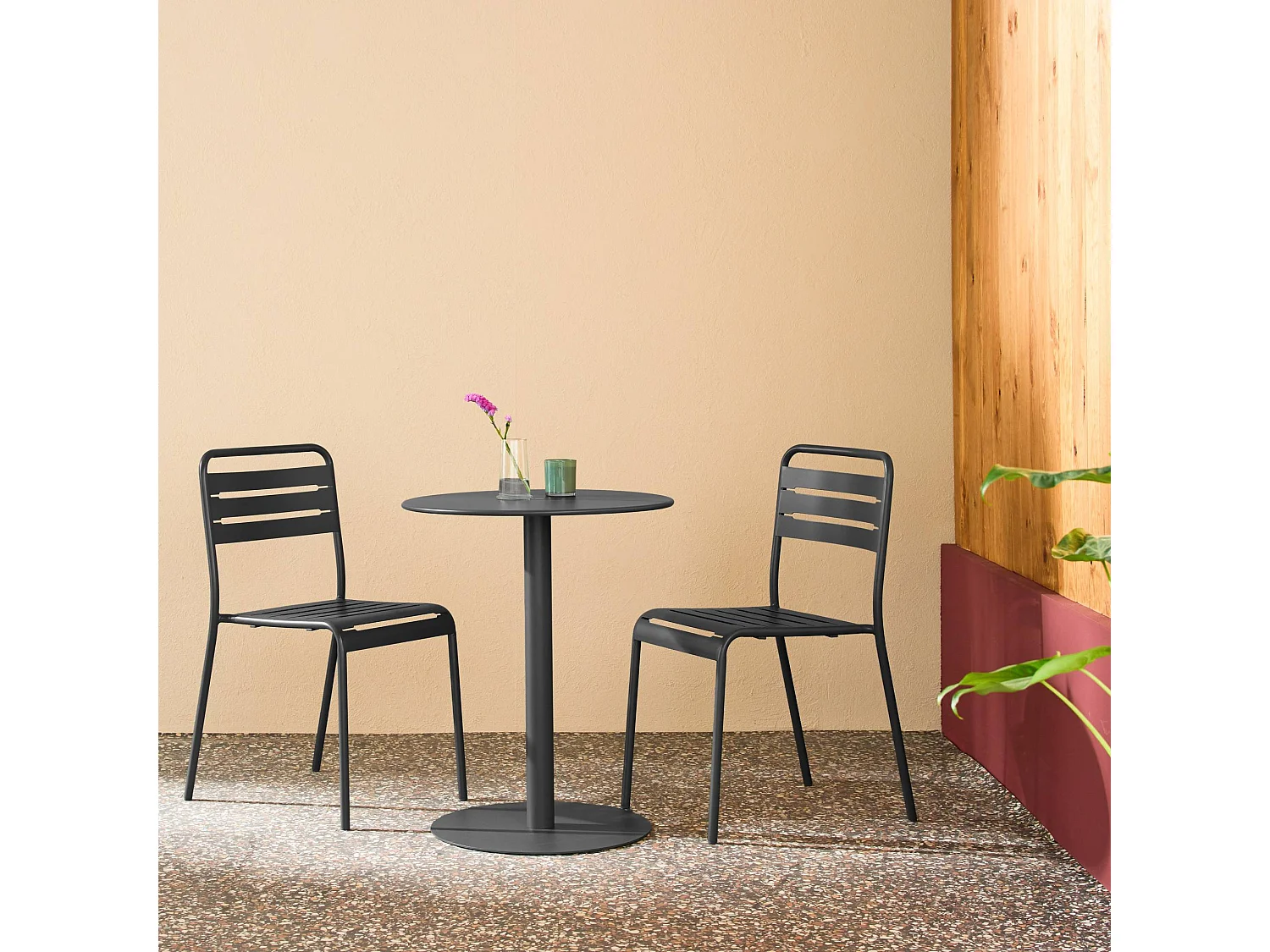 Table de jardin bistrot ronde acier + 2 assises Ø60cm anthracite - Orea + Amélia