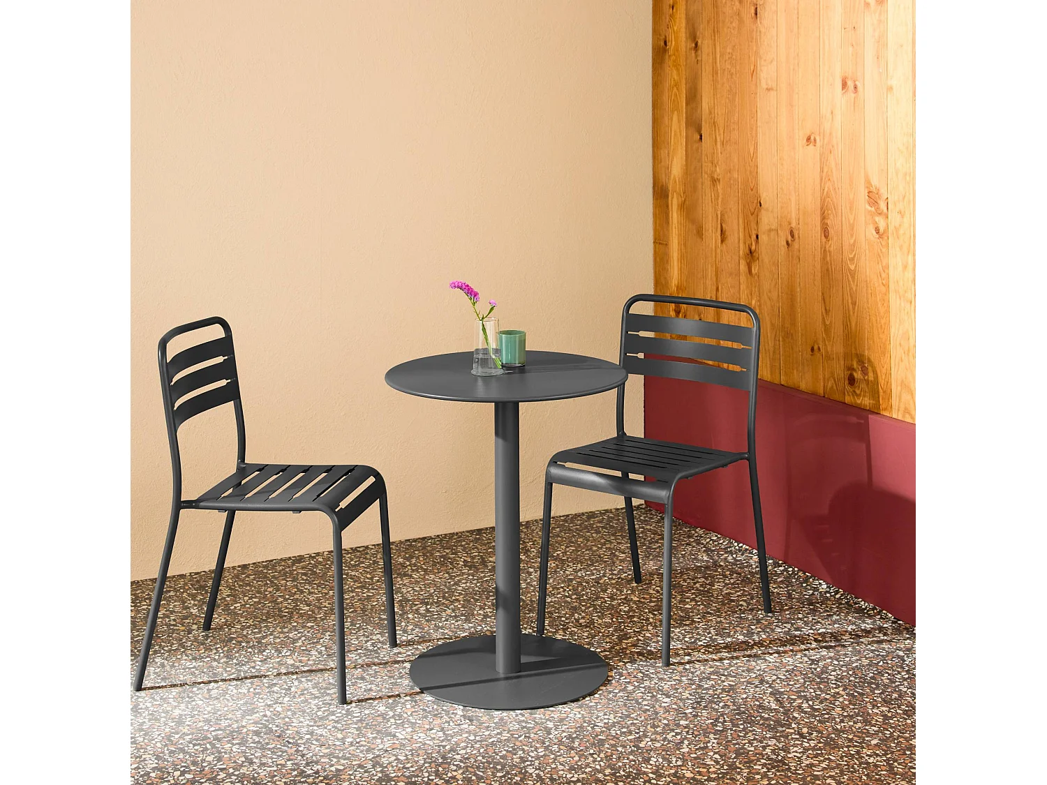 Table de jardin bistrot ronde acier + 2 assises Ø60cm anthracite - Orea + Amélia