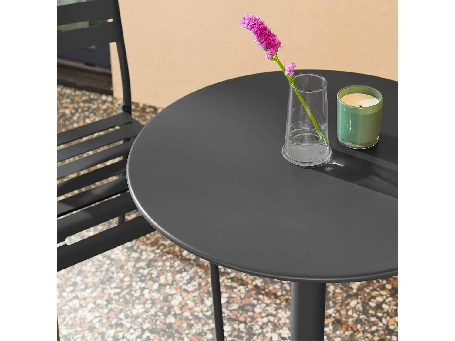 Table de jardin bistrot ronde acier + 2 assises Ø60cm anthracite - Orea + Amélia