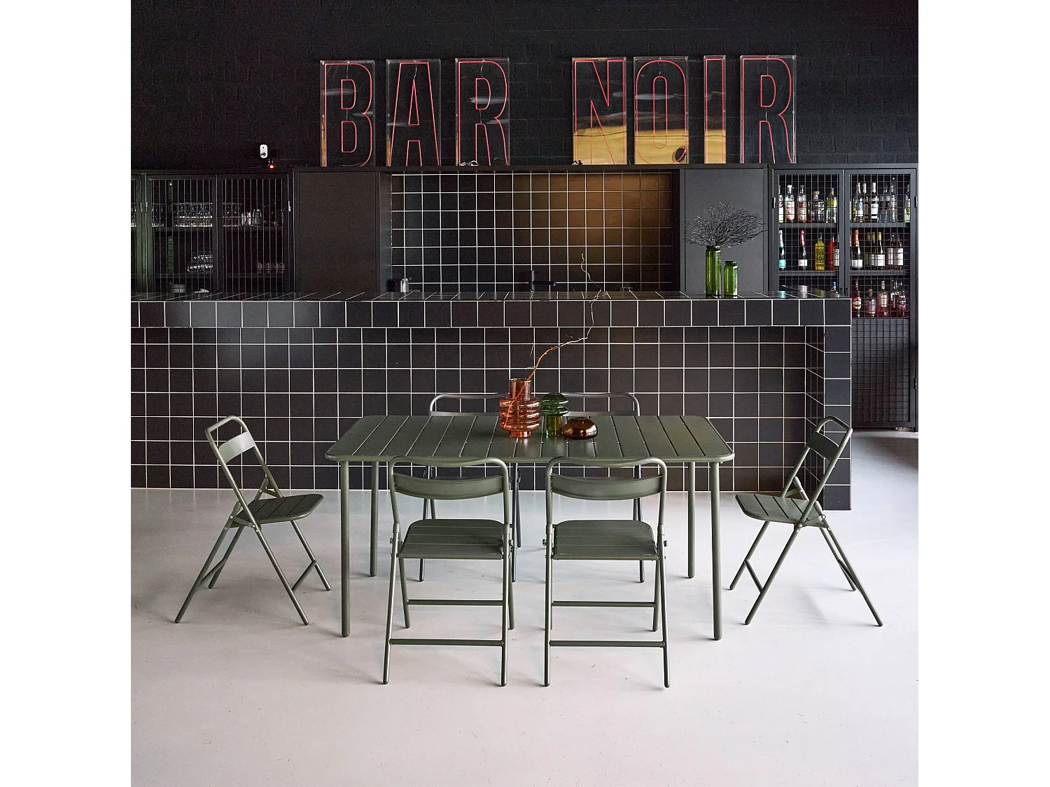 Tavolo da giardino in metallo + 6 sedute, verde kaki