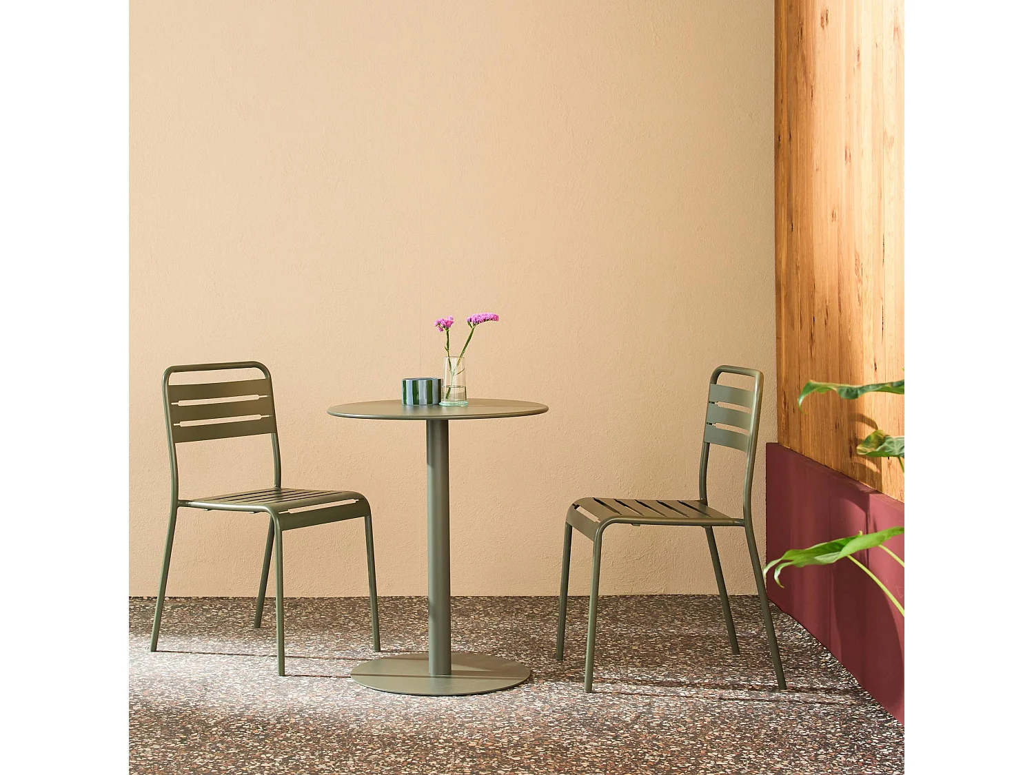 Table de jardin bistrot ronde acier + 2 assises Ø60cm kaki - Orea + Amélia