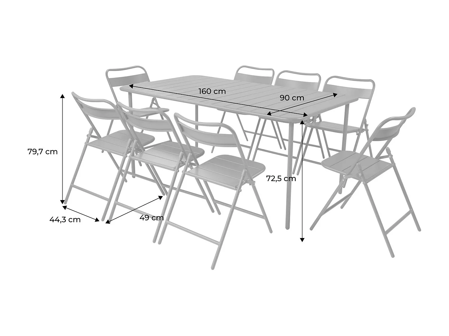 Table de jardin métal + 8 assises vert. Amelia 160 x 90 x H 72.5cm