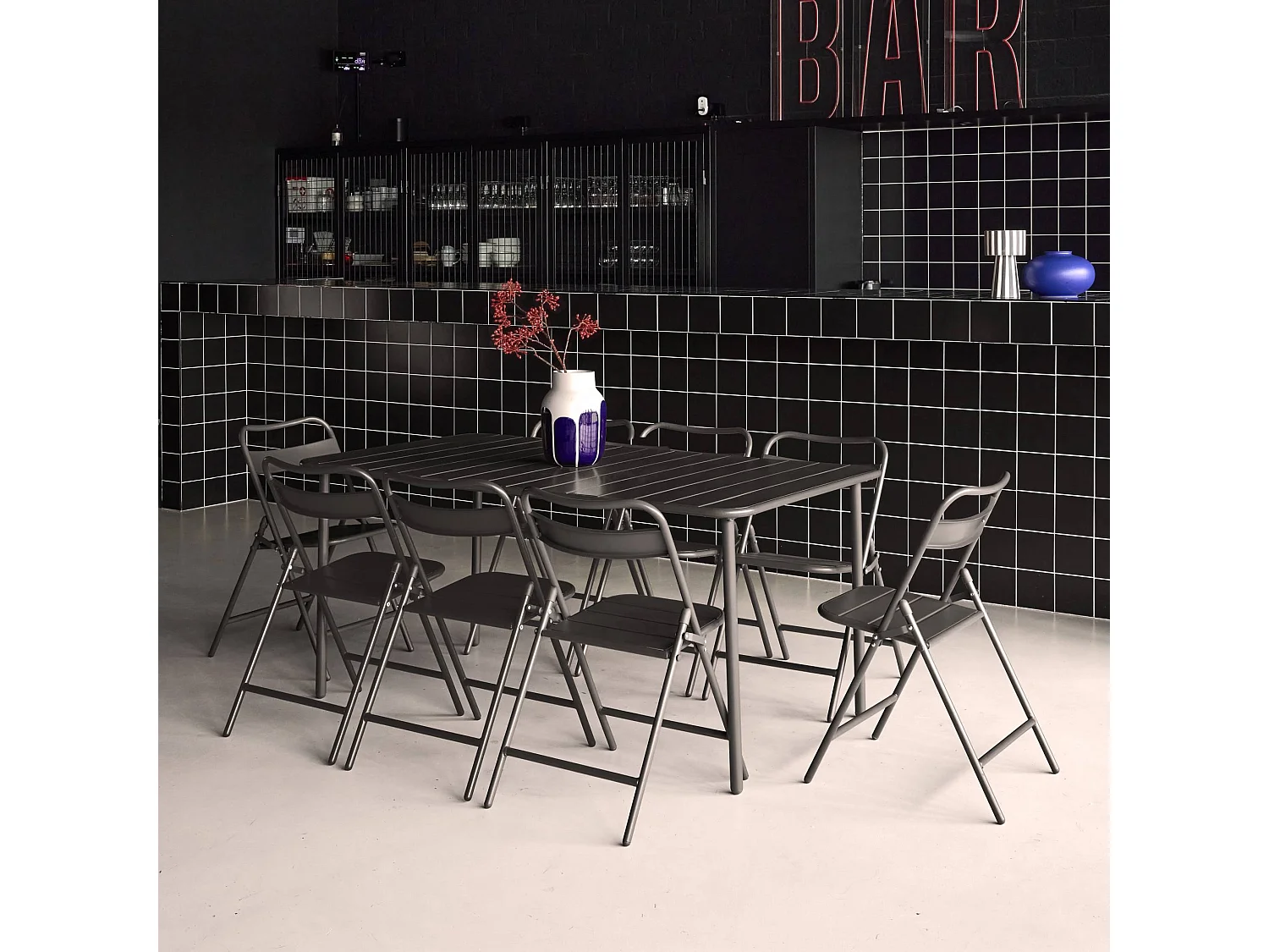 Table de jardin métal + 8 assises anthracite. Amelia 160 x 90 x H 72.5cm