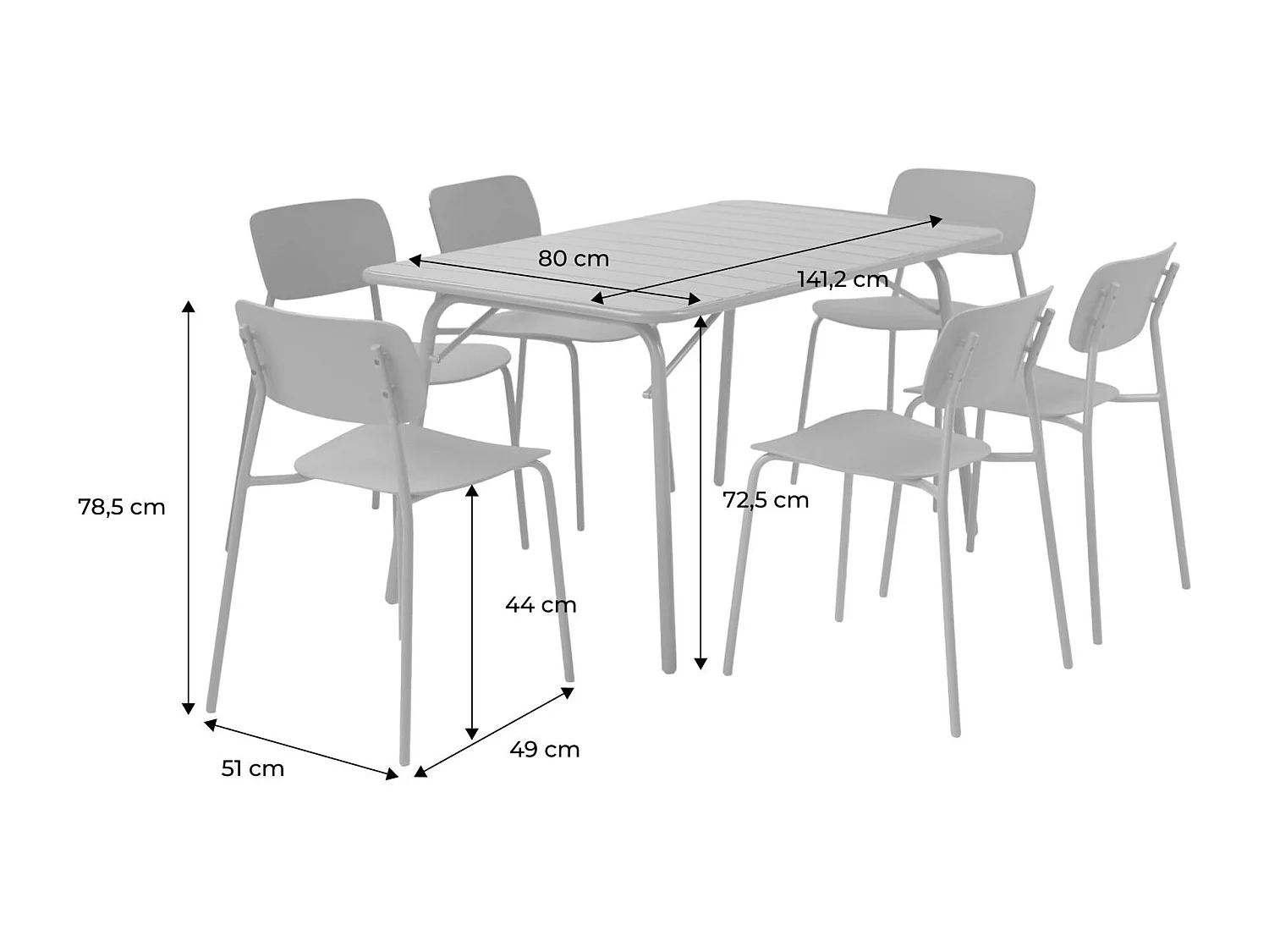 Table de jardin pliante métal + 6 assises kaki. Amelia + Liva 141.2 x 80 x 72.5cm